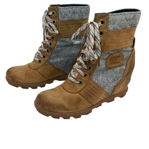 Sorel Lexie Wedge Womens 9.5 Felt Leather Ankle Boots Waterproof Lace-Up  NL 337 - Picture 4 of 14